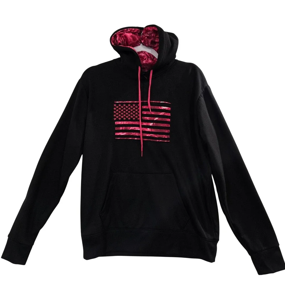 Mossy Oak Fishing Hoodie Size Large Pink American Flag Graphic Pullover #1381